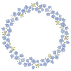 Round wreath frame made of forget-me-nots. Vintage watercolor illustration for holiday postcards or invitations, romantic greeting cards. Cosmetics, perfumes and home decor. Frame for websites or apps