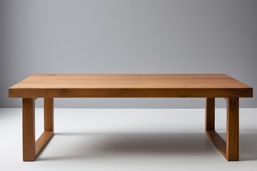 there is a wooden table with a wooden base on a white floor