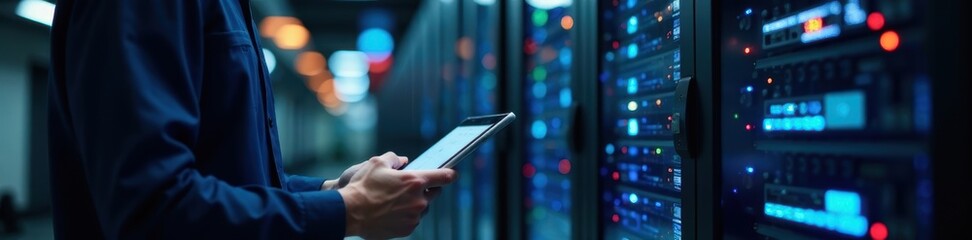 Technician using tablet, diagnosing server room equipment, digital, display, server room