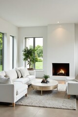 White kitchen & living room, fireplace, luxury decor, cozy, luxury interior