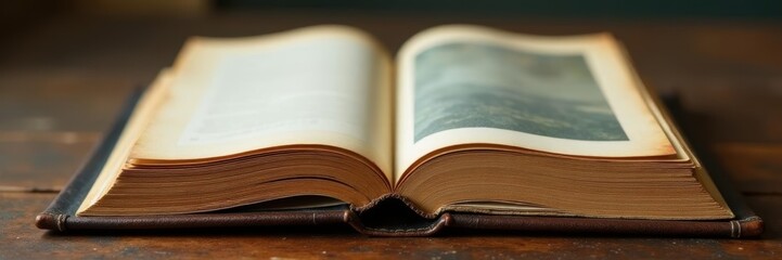 Worn leather album, delicate paper photo mounts,  elegant,  brown