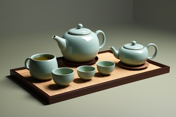 there are four cups and a teapot on a tray