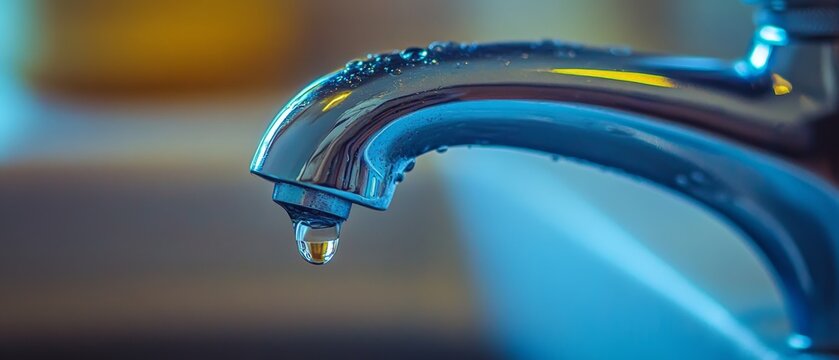 A water droplet hangs precariously from a shiny faucet, capturing calm and the essence of conservation.