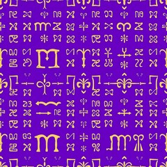 Mystical Symbols on Purple Background: A seamless pattern of cryptic, golden symbols and signs adorns a vibrant purple backdrop, hinting at ancient wisdom and esoteric secrets.