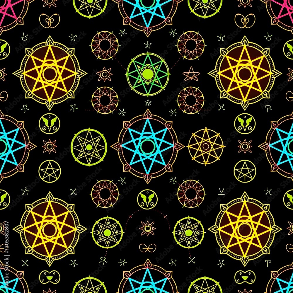 Poster celestial pattern: a mesmerizing repeating pattern showcasing vibrant, glowing celestial symbols aga
