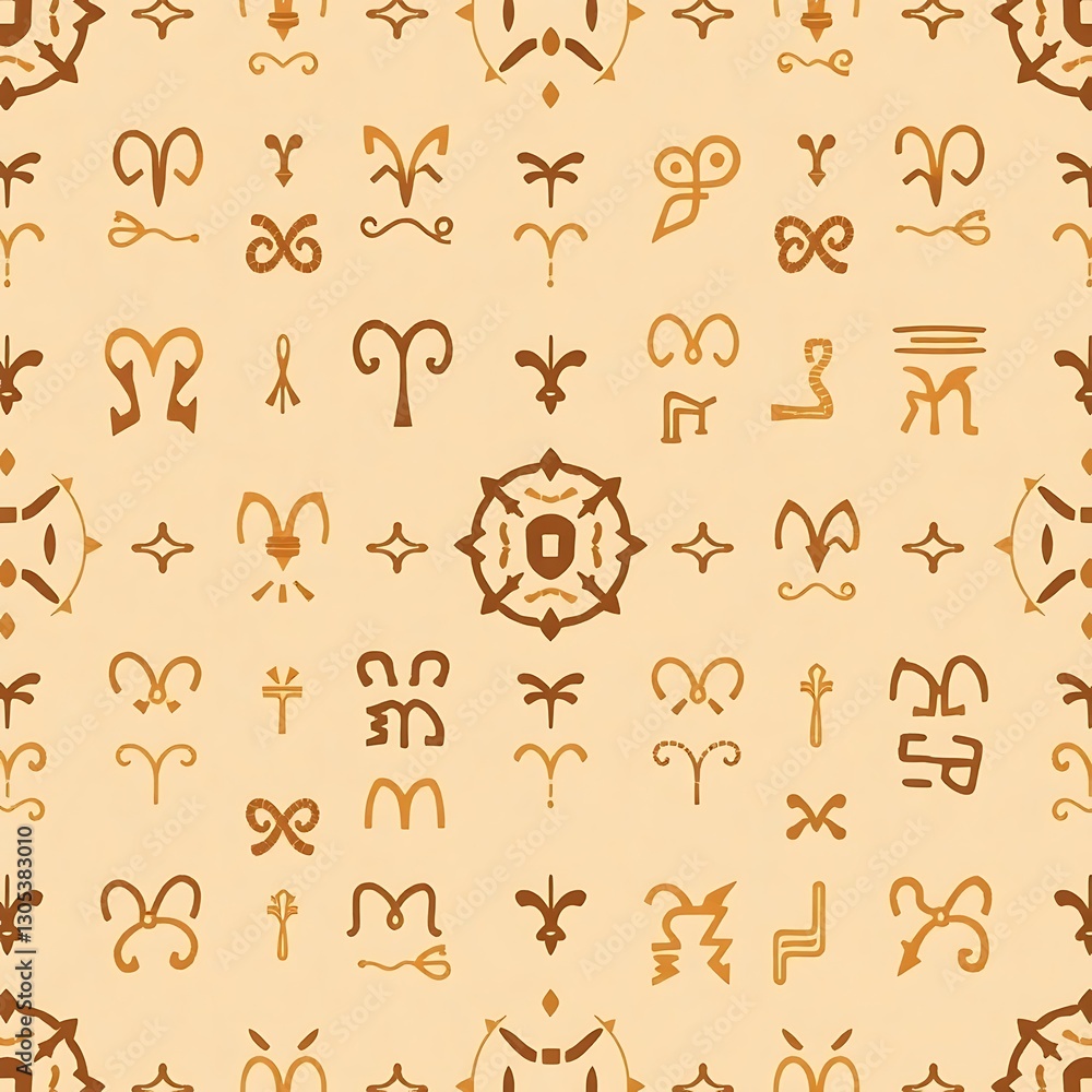 Poster ancient glyphs pattern: seamless pattern featuring a collection of stylized, abstract glyphs and sym