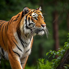 Obraz premium A majestic Bengal tiger in a lush green forest, its orange fur glowing in soft light as it walks gracefully.