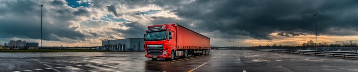 An imposing red trailer parked on a large paved lot, with the wet ground reflecting the vehicle and the dramatic cloudy sky, evoking a sense of power and resilience in the world of transportation.