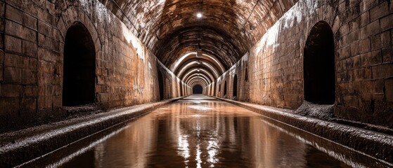Naklejka premium A dimly lit, cavernous tunnel with a reflective water path, creating an intriguing and mysterious atmosphere filled with depth and history.