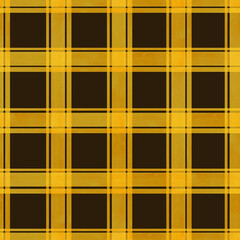Bright yellow gingham ornate seamless checkered pattern on black background. Plaid tartan texture watercolor illustration. Hand drawn brush stroke striped. For carnival, summer textiles