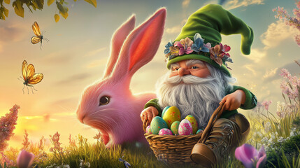 A spring gnome with a gentle face, a green hat, and a flowered beard rides a large pink rabbit through tall grass. He holds a bucket full of Easter eggs. Warm sunset light and fireflies create a magic