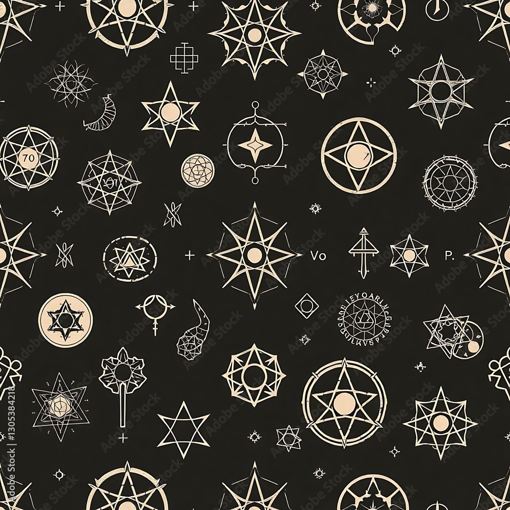 Poster mystical symbols pattern: a seamless pattern of intricate mystical symbols and geometric shapes. per