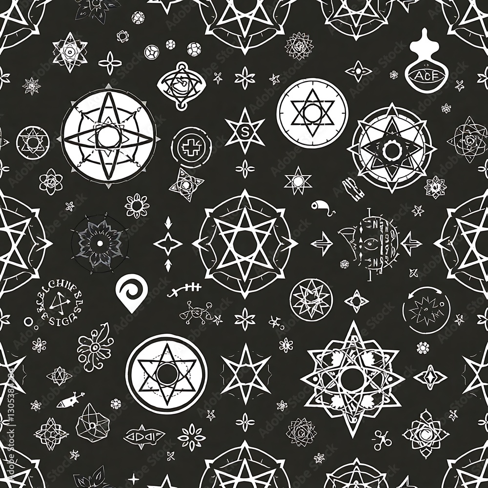 Poster magical symbols pattern: an intricate pattern of mystical symbols, esoteric diagrams, and celestial 