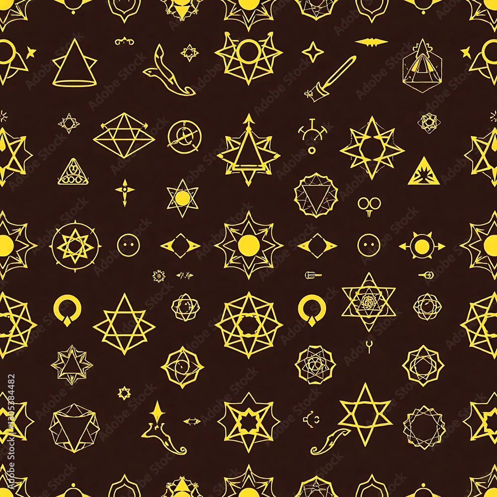 Poster mystical geometry: this image is an intricate, repeating pattern featuring a series of stylized, gol
