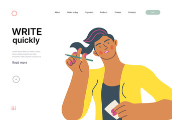 Writing people, modern flat vector concept illustration- sitting woman thoughtfully writing on paper. Metaphor for reflection, personal insight, contemplation, creative expression