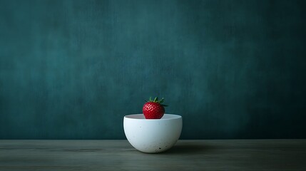 Strawberry resting in white bowl on wood table with teal backdrop for culinary design