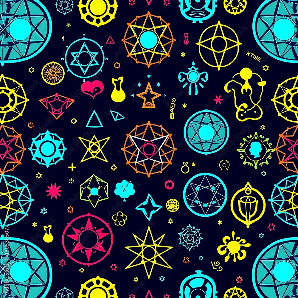 Poster mystical pattern of symbols: an intricate, colorful pattern featuring a variety of geometric and sym