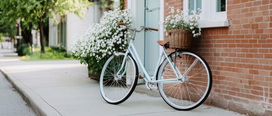 Fototapeta premium A classic bicycle rests against a brick wall adorned with white flowers, an inviting blend of urban charm and natural simplicity.