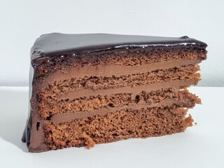 Slice of chocolate cake on white background