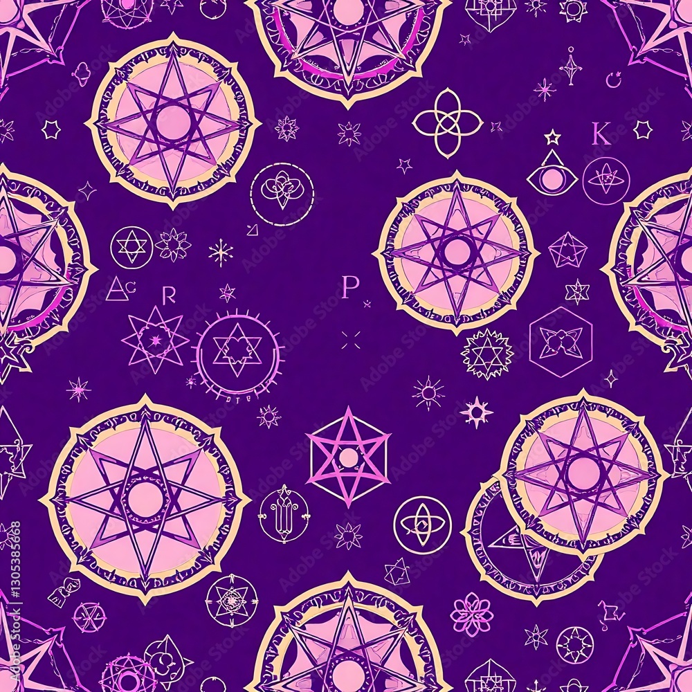 Poster mystical symbols pattern: a mesmerizing pattern of intricate mystical symbols in shades of purple, e