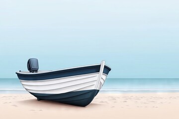 Fototapeta premium Peaceful wooden boat on sandy beach, tranquil ocean backdrop
