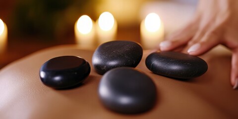 spa therapy, a calming hot stone massage, with warm stones placed on a womans back, in a softly lit spa environment with candles