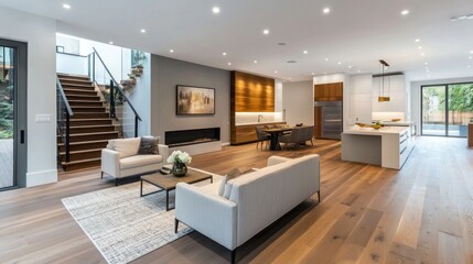 Fototapeta premium Modern open-concept living room/kitchen, with wooden floors and stairs