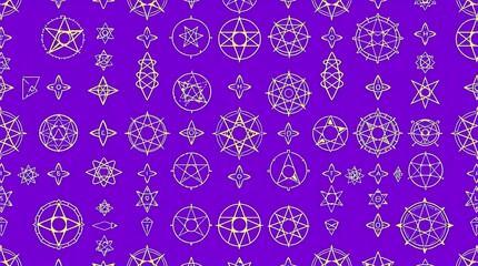 Mystical Purple Pattern: An eye-catching purple backdrop is adorned with an array of intricate, gold-colored esoteric symbols. creating a unique and engaging repeating pattern.