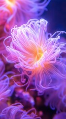 Fototapeta premium A vibrant, colorful close-up of glowing flowers with delicate, flowing petals, showcasing a mesmerizing blend of purple and orange hues.