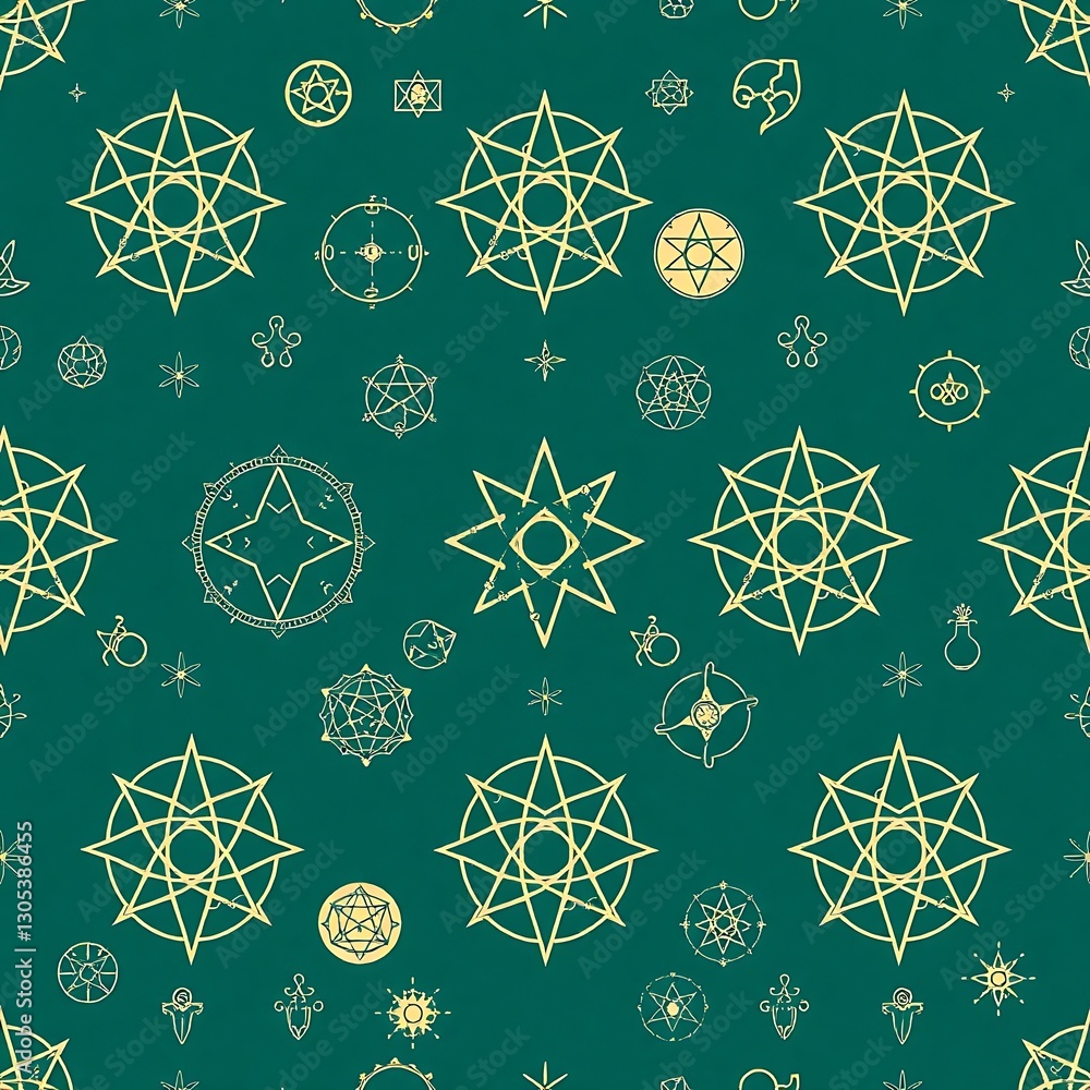Poster celestial symbolism: a mesmerizing pattern of intricate celestial symbols on a teal backdrop evokes 