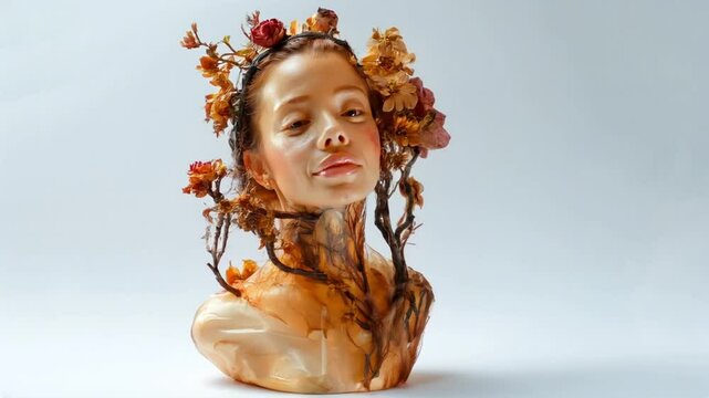 A woman statue of transparent epoxy resin, embedded with beautiful dried flowers inside. Loop animation.