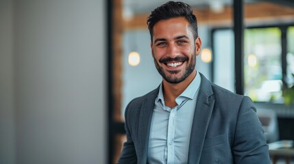 Obraz premium Smiling businessman expresses joy and positivity in modern office space