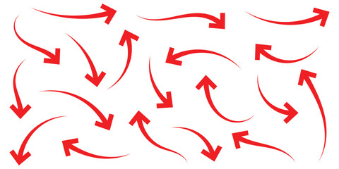 Curved red arrow sign, curved arrows, curved arrow on white background