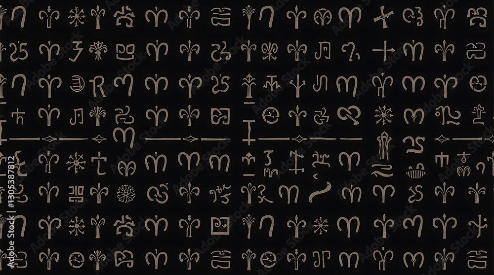 Poster ancient script: an intricate pattern of ancient symbols and glyphs, rendered in a detailed, artistic