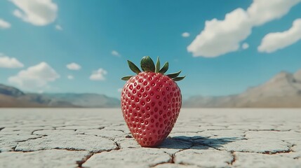 Strawberry sits alone on cracked desert floor under sunny sky. Use Food ad, oddity, climate change