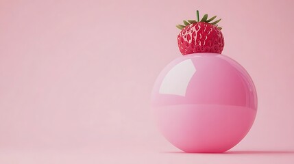 Strawberry sits atop a pink sphere on a pink background, for use in healthy ads