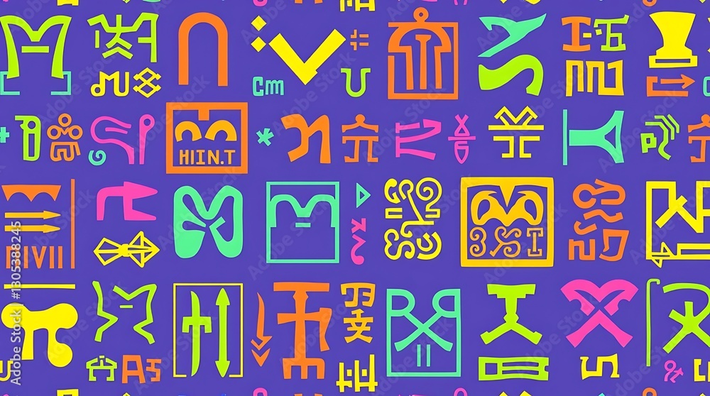 Poster abstract glyphs: a vibrant and enigmatic collection of colorful glyphs, each a unique symbol, arrang