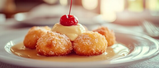 Fluffy fried desserts crowned with cream and a cherry, surrounded by a rich sauce, capture an inviting and sweet dining moment.