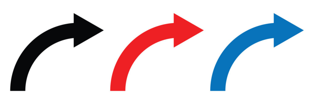 Black, blue and red arrows pointing right. Vector curved arrow icon.
