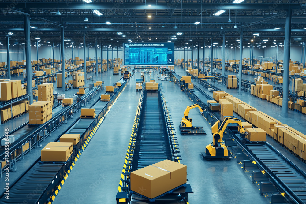 Poster large warehouse featuring automated conveyor belts and robotic arms efficiently sorting and transpor