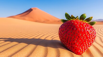 Strawberry sits in desert sand, dune background. Unusual still life for food contrast ad