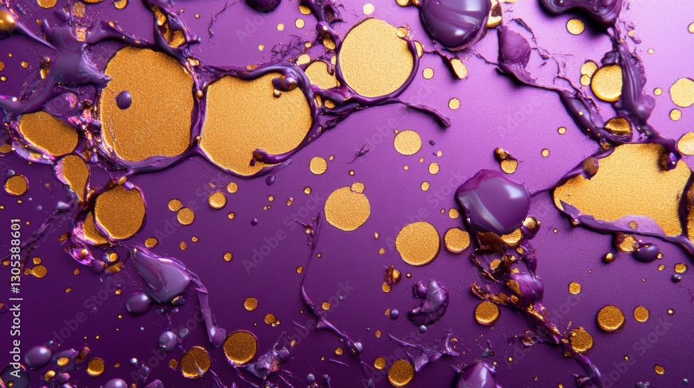 Poster an abstract close-up shot of glossy purple paint splattered with golden circles and droplets, creati