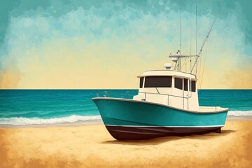 Fototapeta premium Retro Fishing Boat on Beach at Sunrise