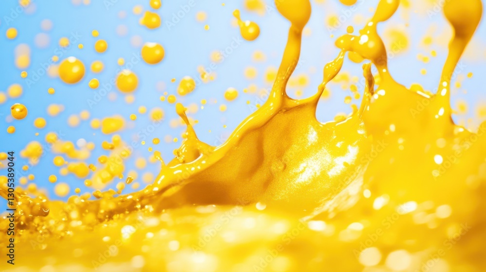 Poster vibrant yellow liquid splashing against a light blue background, creating a dynamic and abstract com