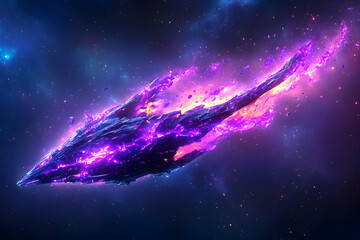 Asteroid Burning Brightly During Space Flight Through Cosmic Nebula and Starfield