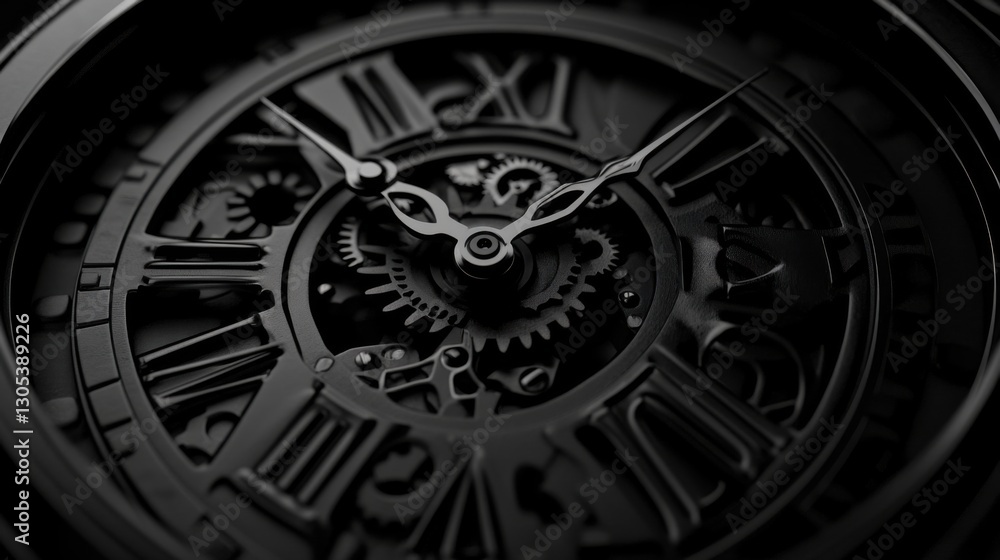 Poster A close-up, monochromatic image captures the intricate gears and hands of a skeletonized watch face, emphasizing its mechanical complexity and design
