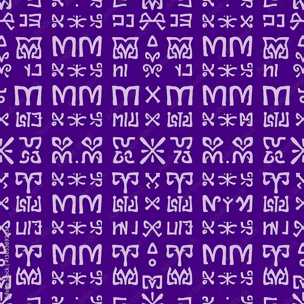 Aufkleber mystical purple pattern: an intriguing seamless pattern of ancient, abstract symbols, rendered in a 