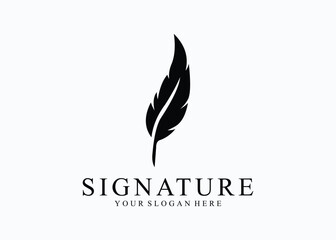 Quill Feather Pen, Minimalist Signature Handwriting logo design vector on white background