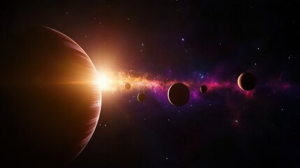 Large, striped planet with a glowing sun peeking behind it, illuminating a colorful nebula and a series of smaller, silhouetted planets against a star-filled backdrop
