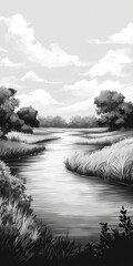 Serene grayscale river landscape with trees and clouds